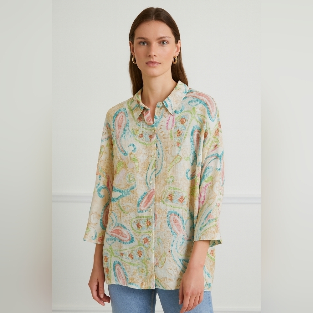 NWT Itallian 100% Linen beachy island button up shirt coastal paisley artsy OS - Picture 11 of 12